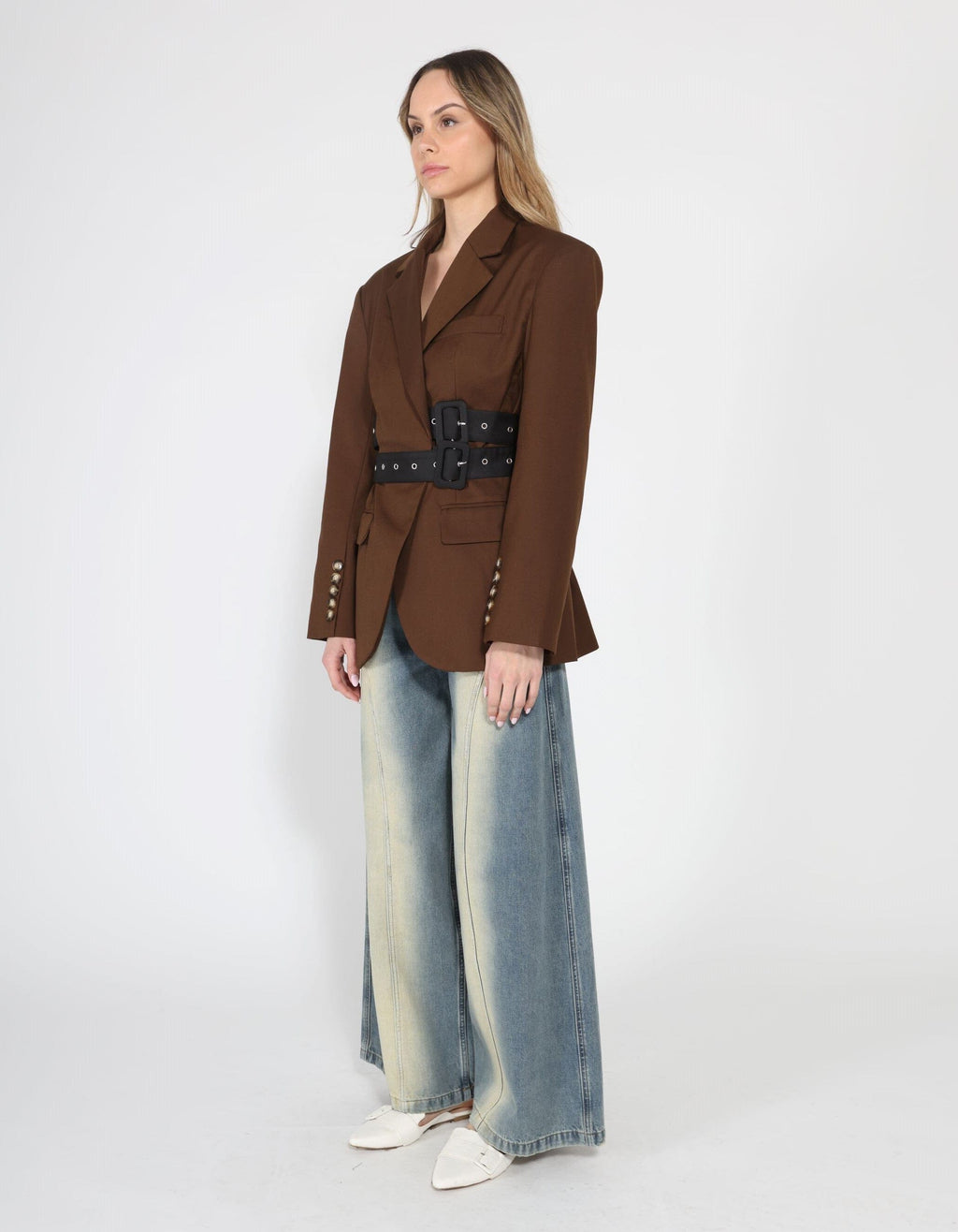 Gracia Fashion Women's Long Sleeve Double Belts Blazer