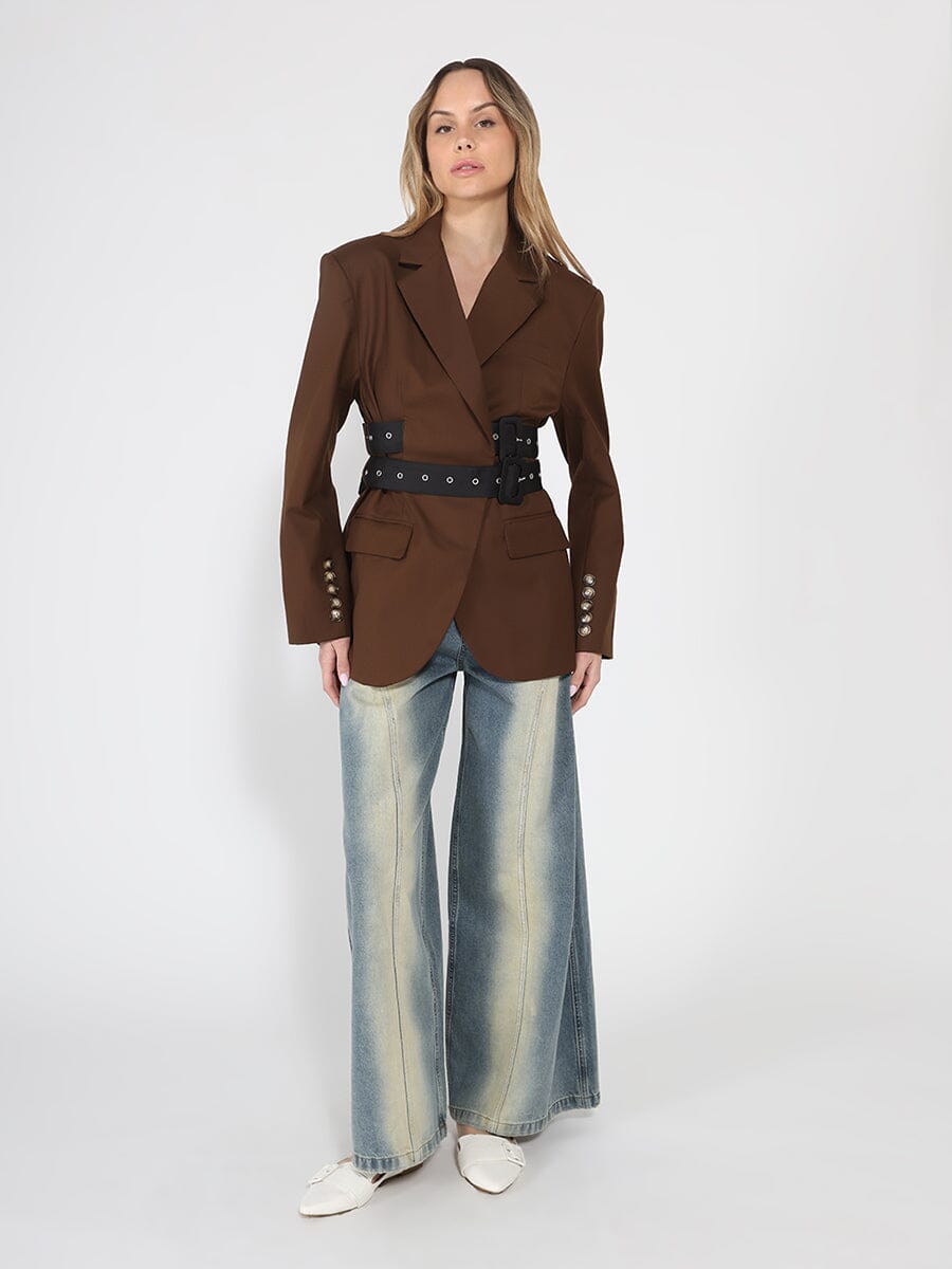 Gracia Fashion Women's Long Sleeve Double Belts Blazer