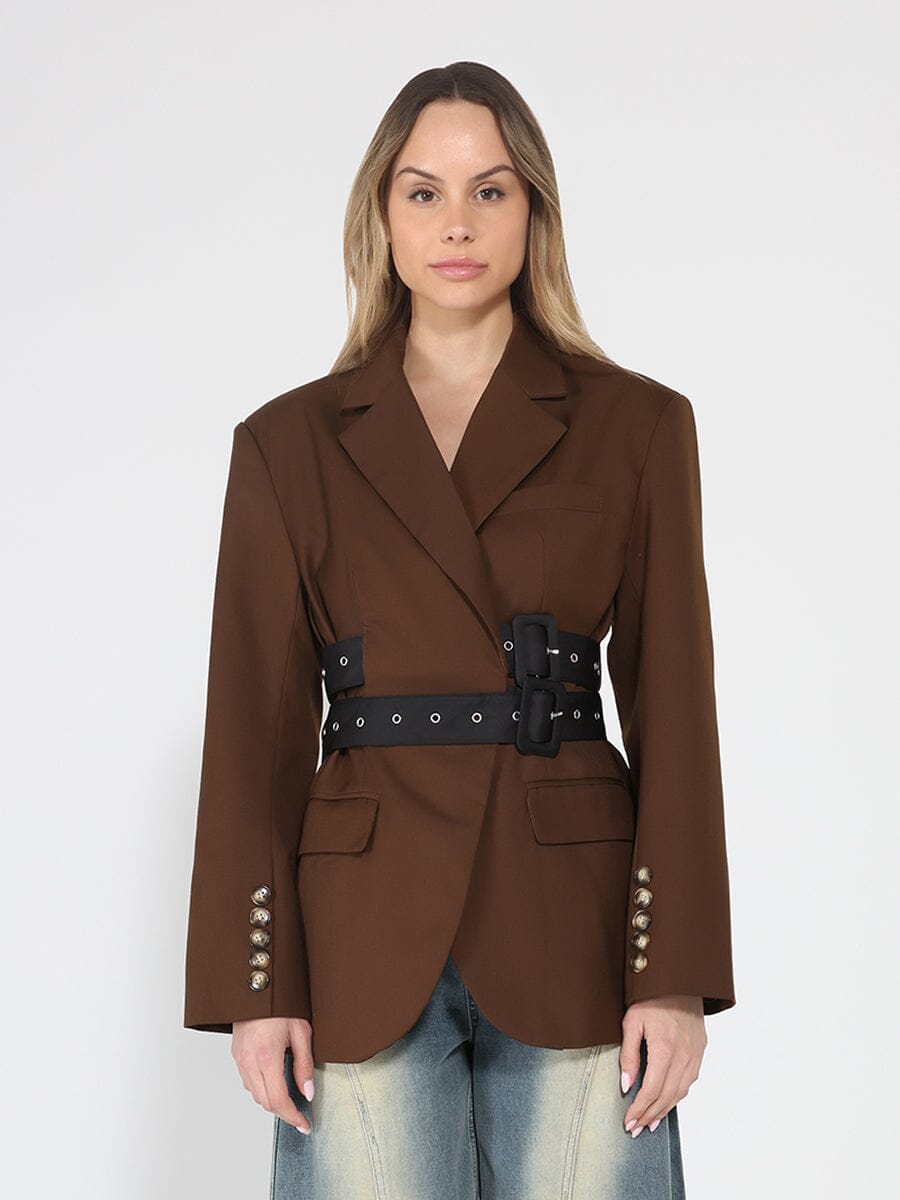 Gracia Fashion Women's Long Sleeve Double Belts Blazer