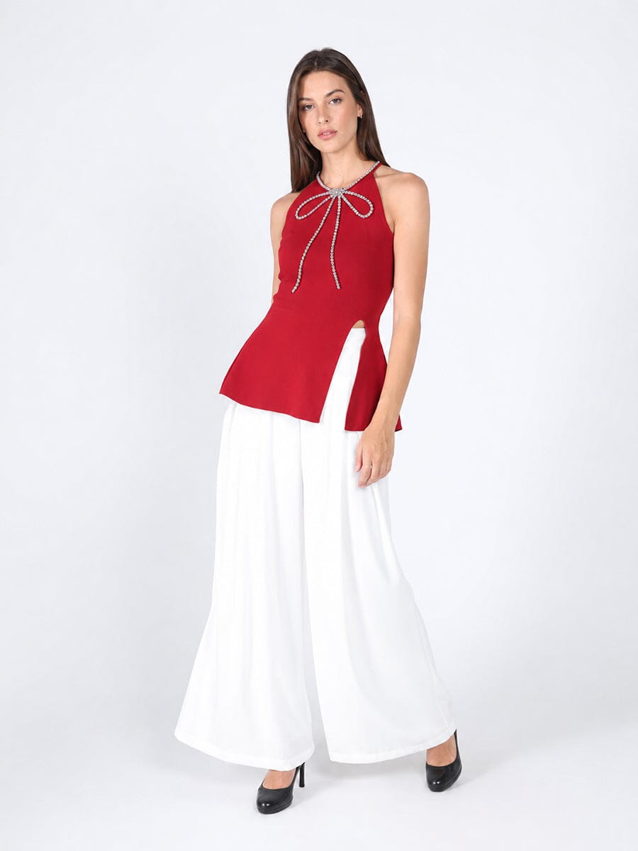 Gracia Fashion Women's Rhinestone Bow Split-Knit Halter Top