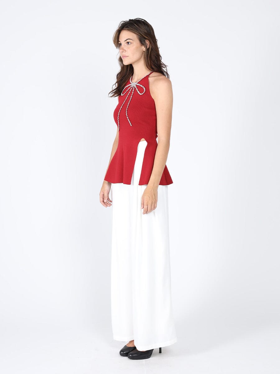 Gracia Fashion Women's Rhinestone Bow Split-Knit Halter Top