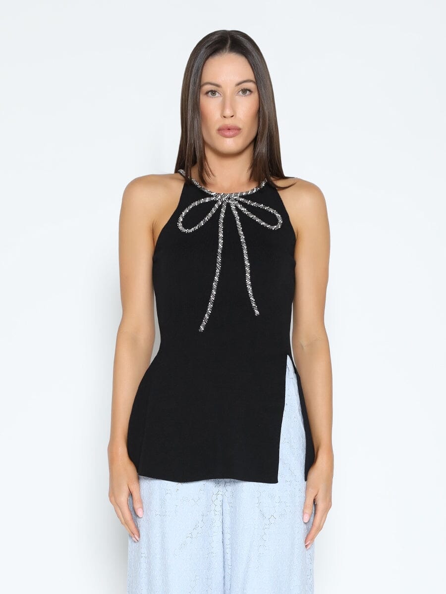 Gracia Fashion Women's Rhinestone Bow Split-Knit Halter Top